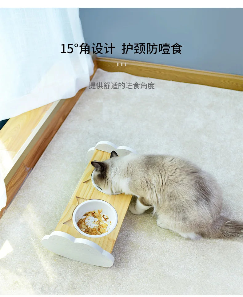 Cat bowl, ceramic dog bowl, wooden stand, pet bowl, elevated angled mouth to protect cervical spine, cat bowl, cat supplies