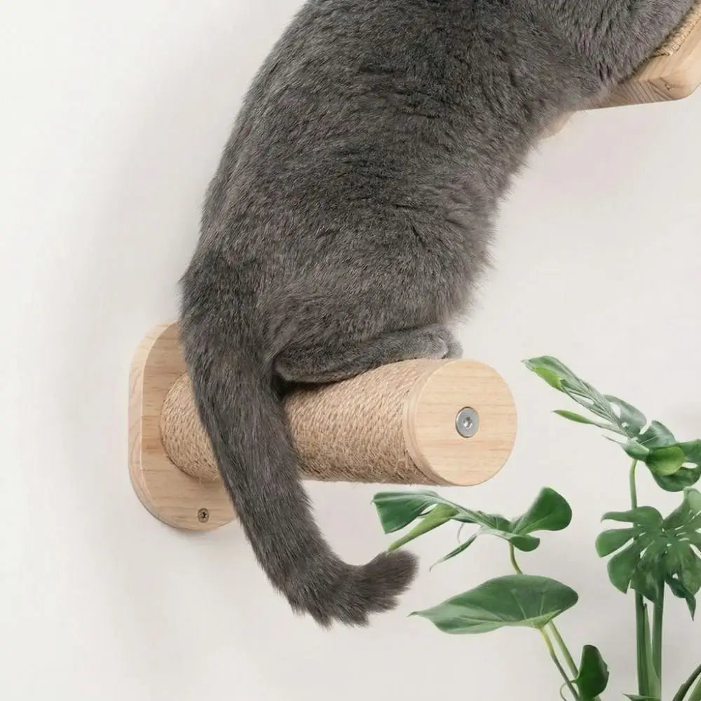 Cat Playground Wooden Cat Climbing Shelf Space Saving Wear Resistant Sisal Rope Cat Stairs with Cushion Pet Wall Steps Training