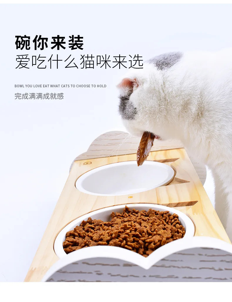 Cat bowl, ceramic dog bowl, wooden stand, pet bowl, elevated angled mouth to protect cervical spine, cat bowl, cat supplies
