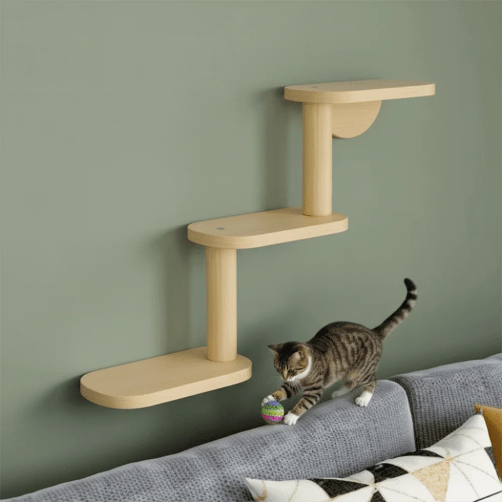 Solid Wood Cat Climbing Shelves 3-Level Floating Shelves Cat Climbing Ladder Space Saving Cat Perch Pet Playground
