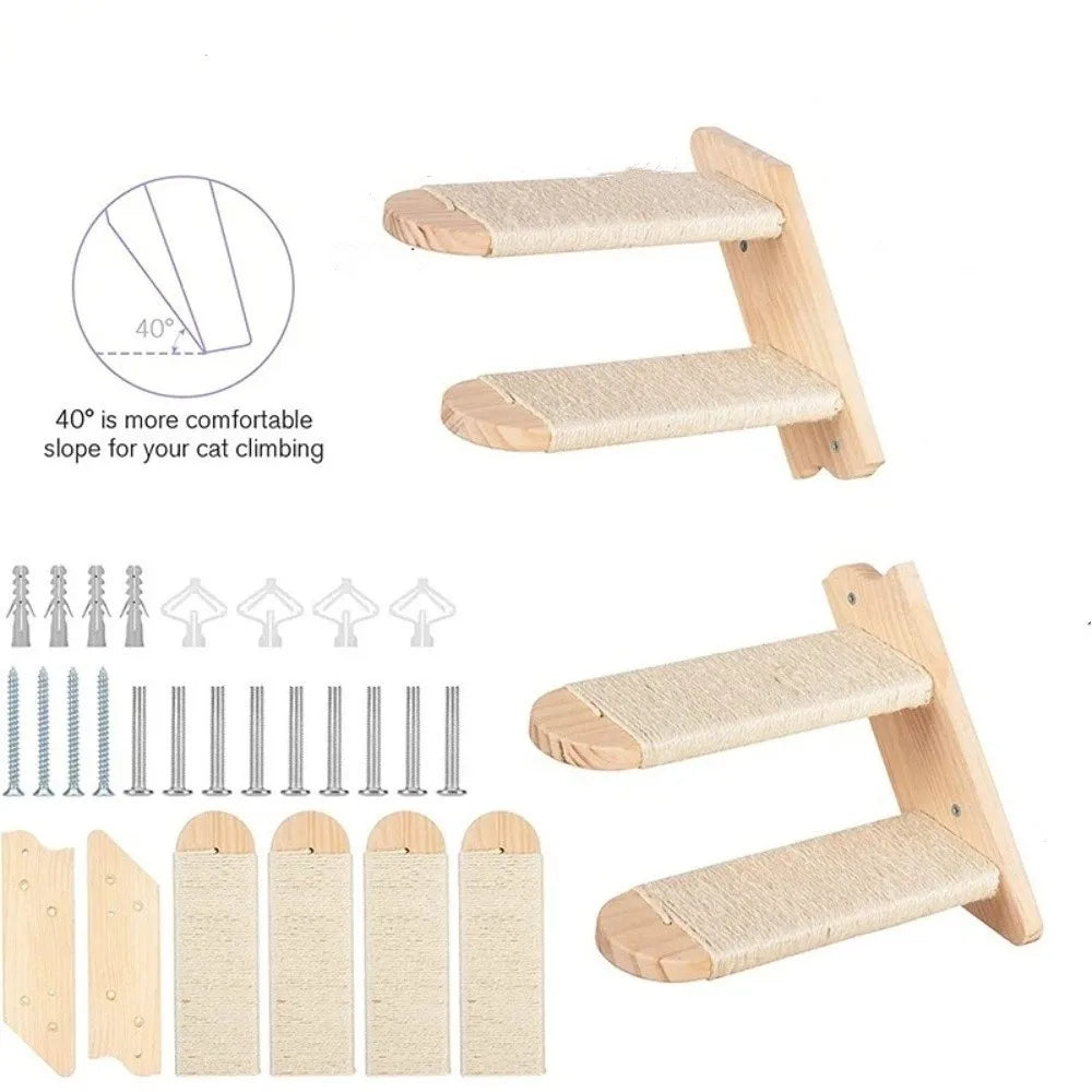 Cat Playground Wooden Cat Climbing Shelf Space Saving Wear Resistant Sisal Rope Cat Stairs with Cushion Pet Wall Steps Training