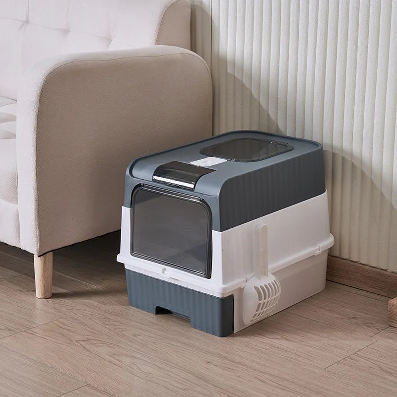 Cat Litter Box with Scoop, Large Foldable Litter Box with Lid, Front Entry Top Exit Kitty Box, Odor Control, Easy To Clean