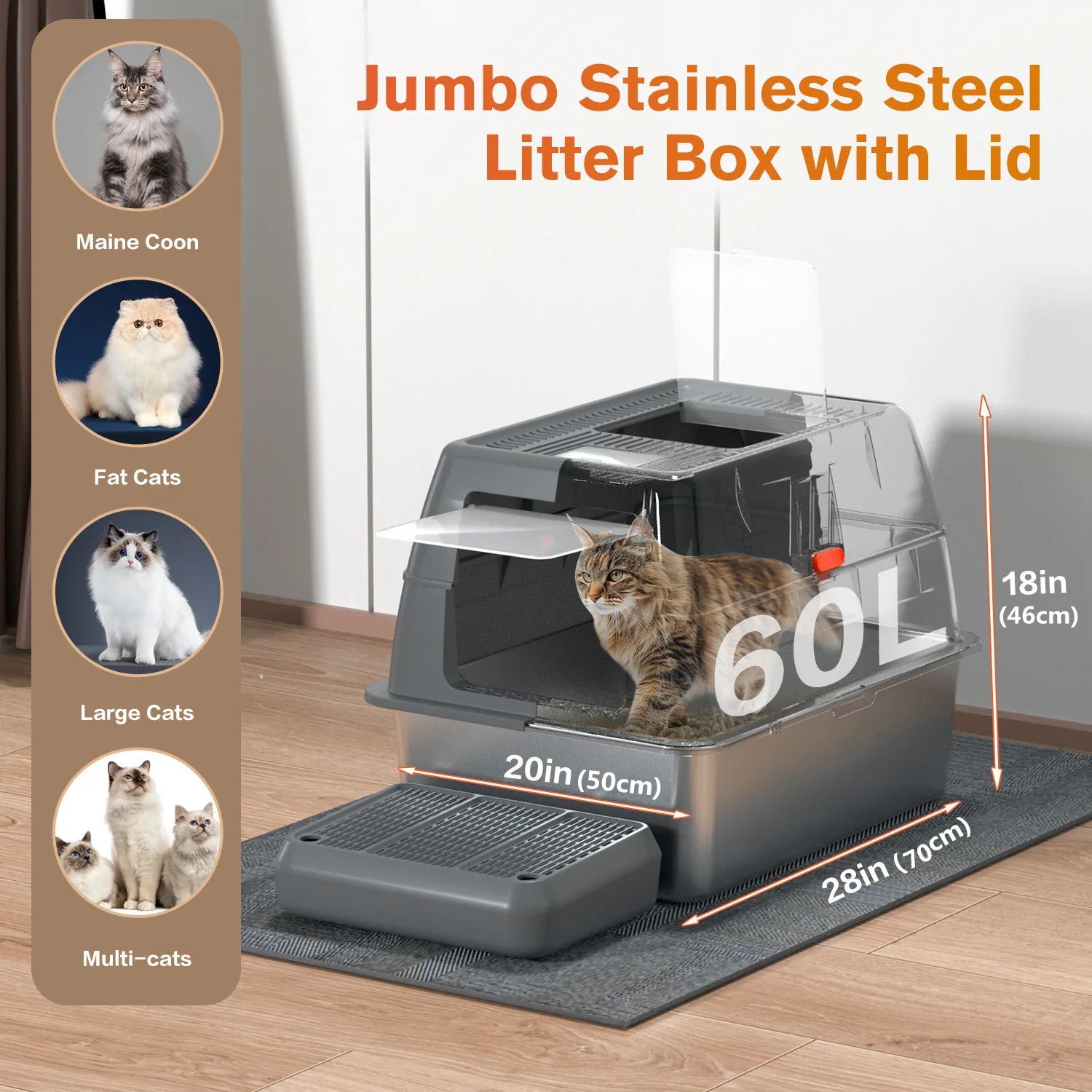 XXXL Stainless Steel Litter Box with Lid，Extra Large 28"L*20"W*18.1"H Metal Cat Litter Boxs,Jumbo Enclosed Removable Litter Box