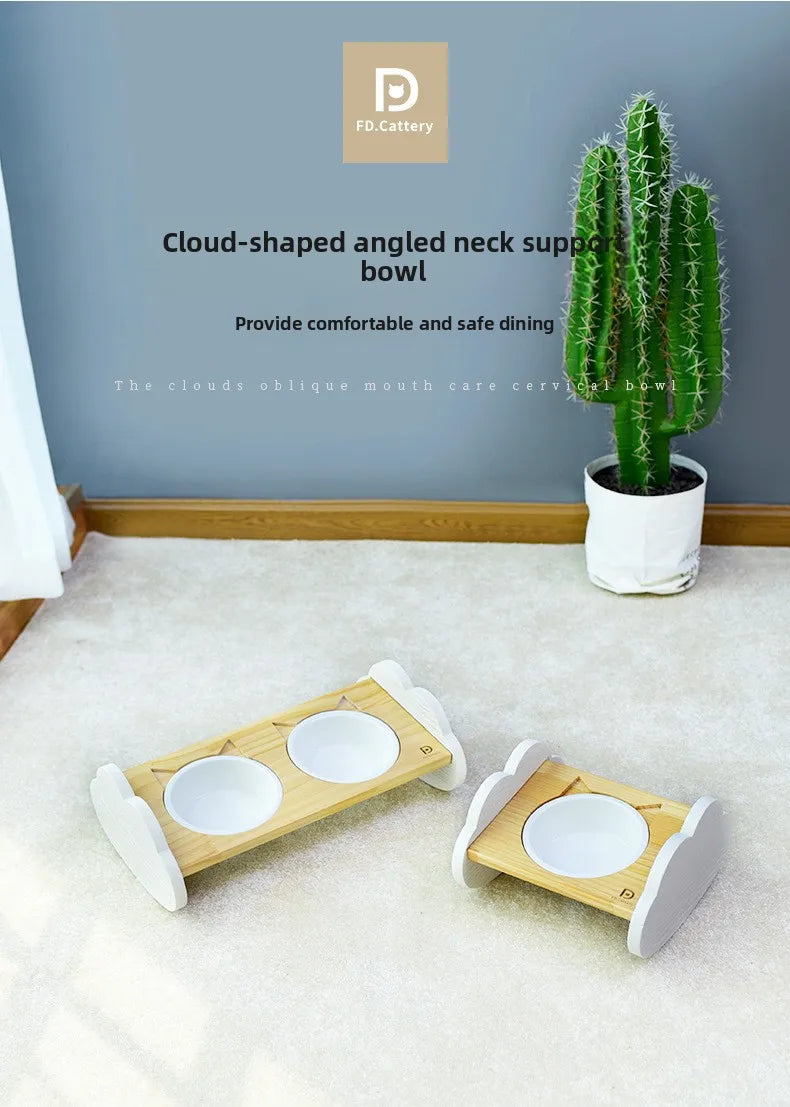Cat bowl, ceramic dog bowl, wooden stand, pet bowl, elevated angled mouth to protect cervical spine, cat bowl, cat supplies