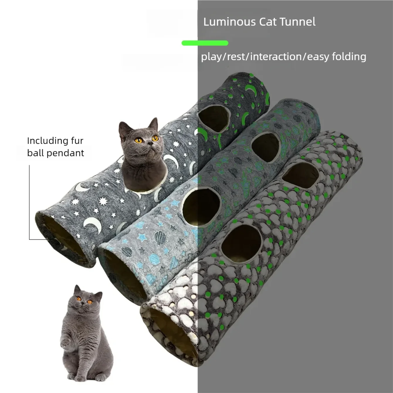 New straight tube luminous cat tunnel cat tent cat toy foldable cat tunnel