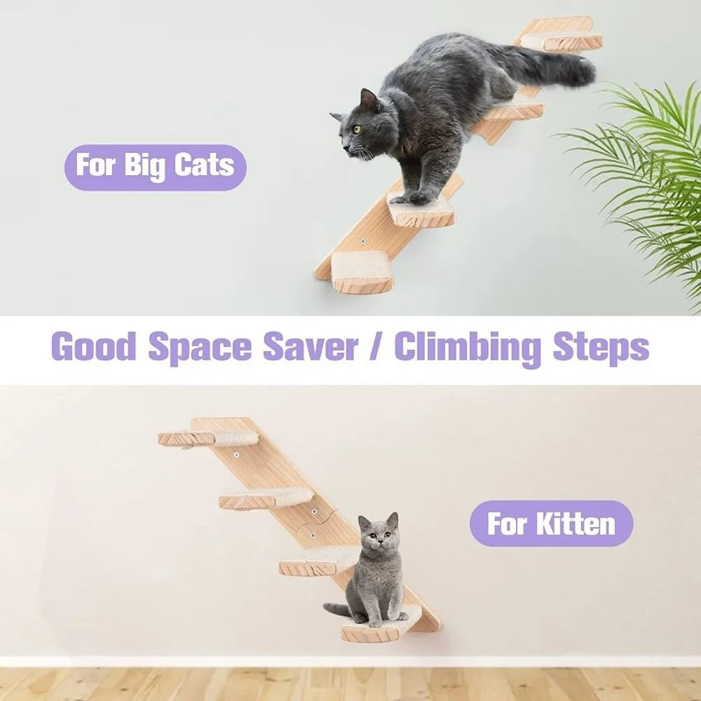 Cat Playground Wooden Cat Climbing Shelf Space Saving Wear Resistant Sisal Rope Cat Stairs with Cushion Pet Wall Steps Training