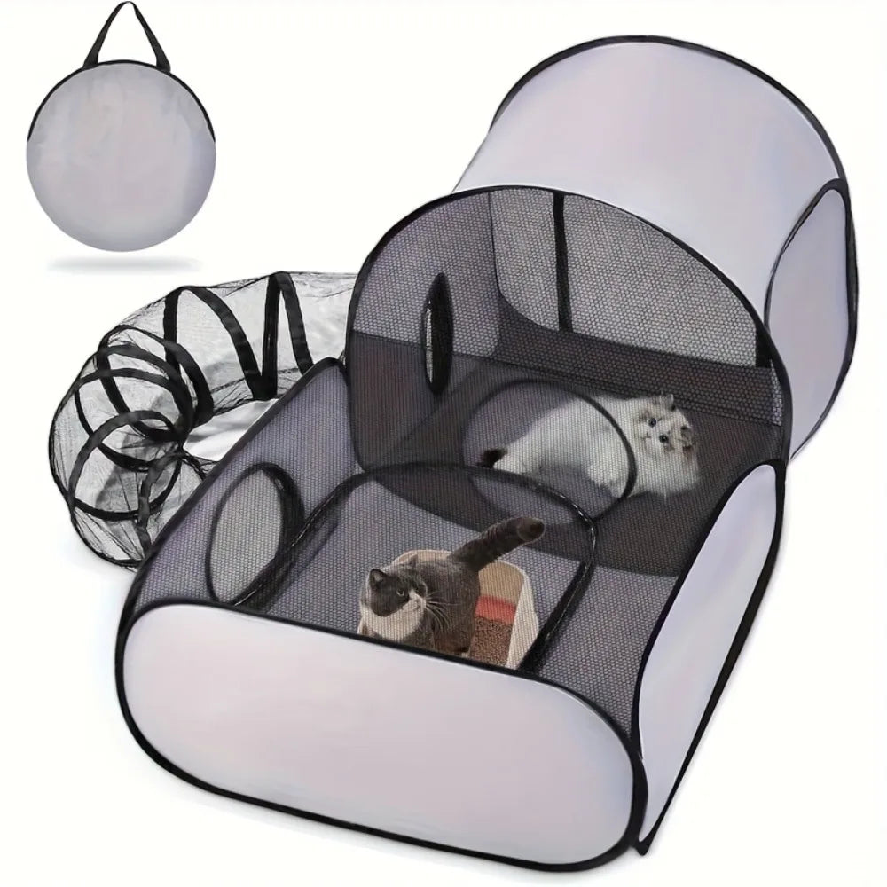 Portable cat fence with looped tunnel,2 connections to enclosed areas, ideal for outdoor cat tents or indoor enclosed cat fences