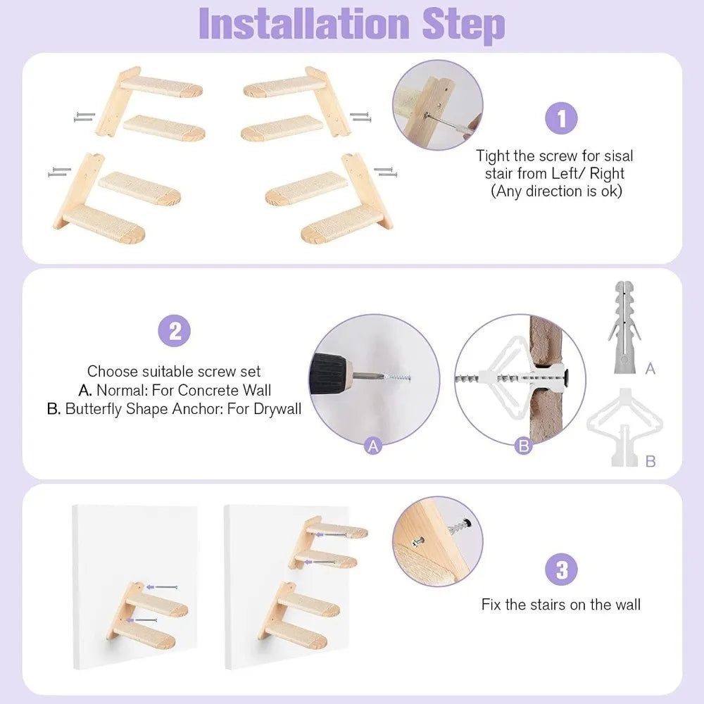 Cat Playground Wooden Cat Climbing Shelf Space Saving Wear Resistant Sisal Rope Cat Stairs with Cushion Pet Wall Steps Training