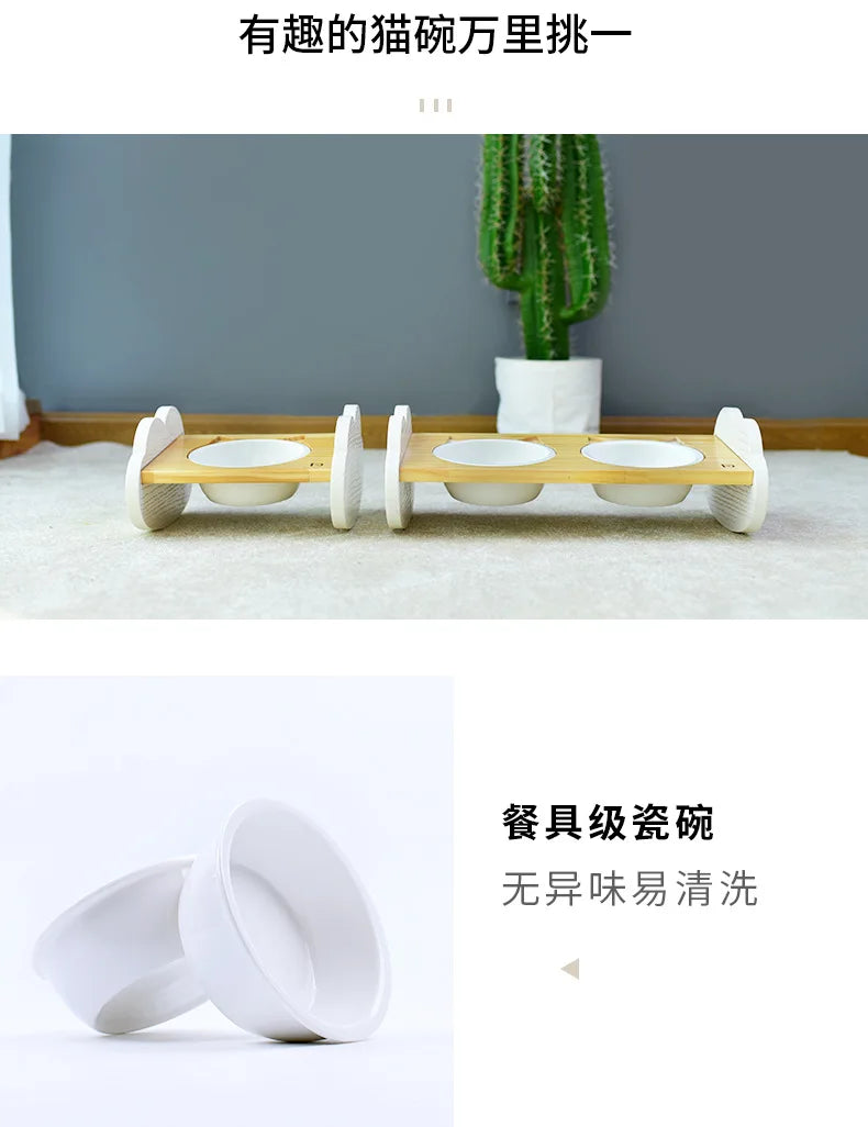 Cat bowl, ceramic dog bowl, wooden stand, pet bowl, elevated angled mouth to protect cervical spine, cat bowl, cat supplies