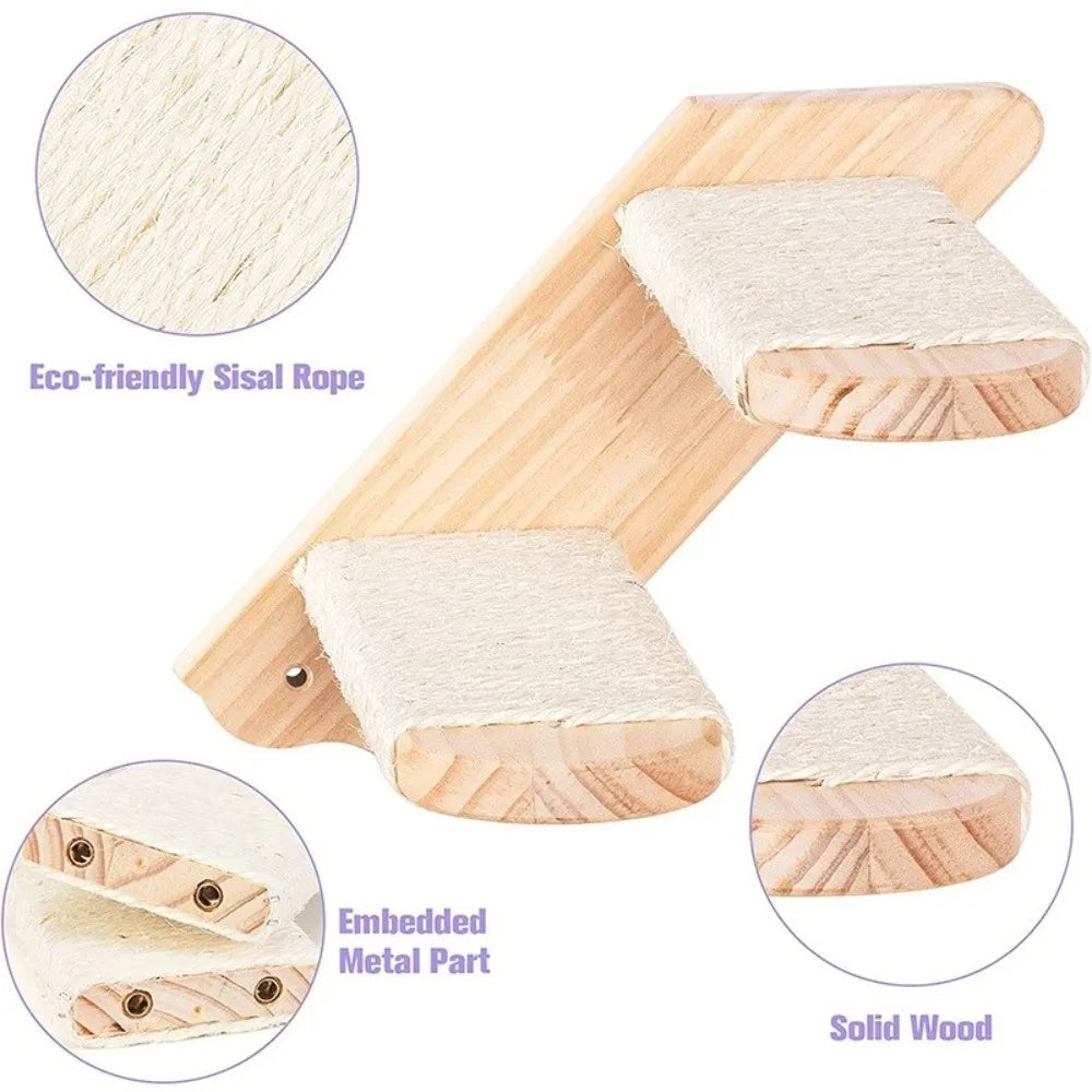 Cat Playground Wooden Cat Climbing Shelf Space Saving Wear Resistant Sisal Rope Cat Stairs with Cushion Pet Wall Steps Training