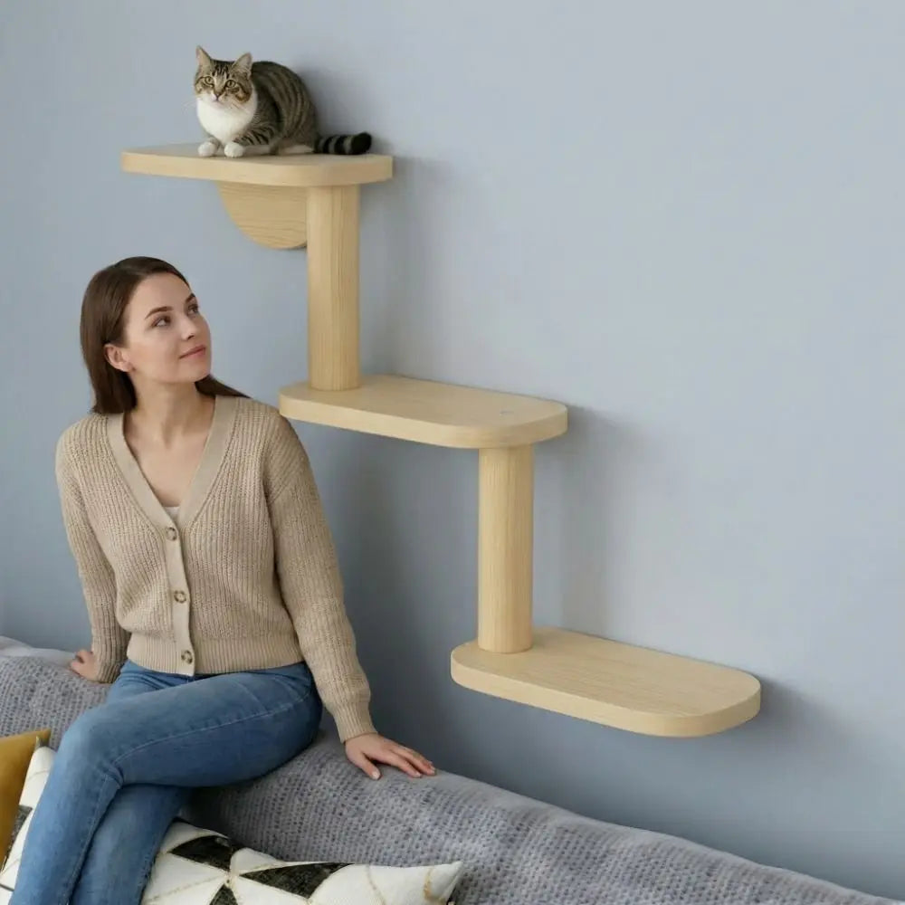 Solid Wood Cat Climbing Shelves 3-Level Floating Shelves Cat Climbing Ladder Space Saving Cat Perch Pet Playground