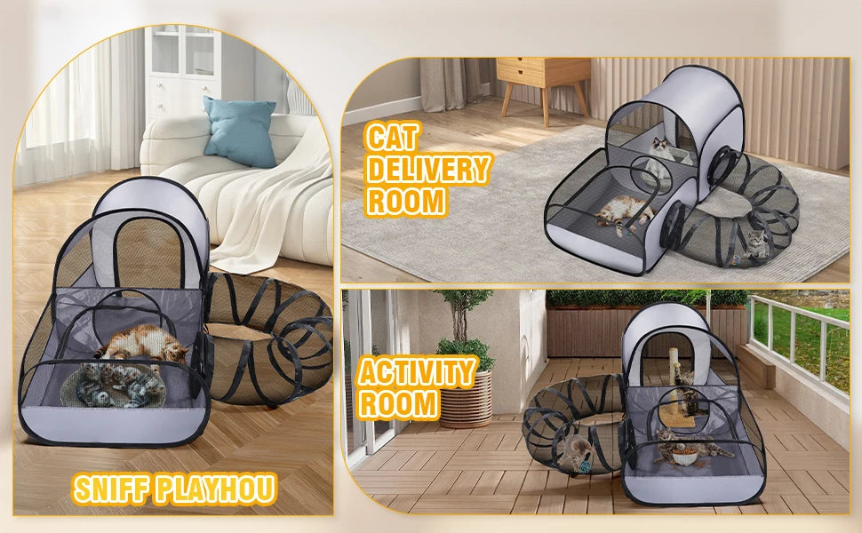 Portable cat fence with looped tunnel,2 connections to enclosed areas, ideal for outdoor cat tents or indoor enclosed cat fences