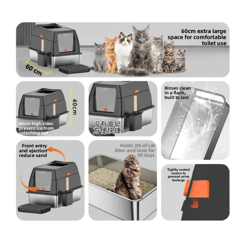 Stainless Steel Litter Box: Enclosed Top-Entry Design To Prevent Tracking & Easy To Clean Pet Cat Litter Box And Pet Supplies