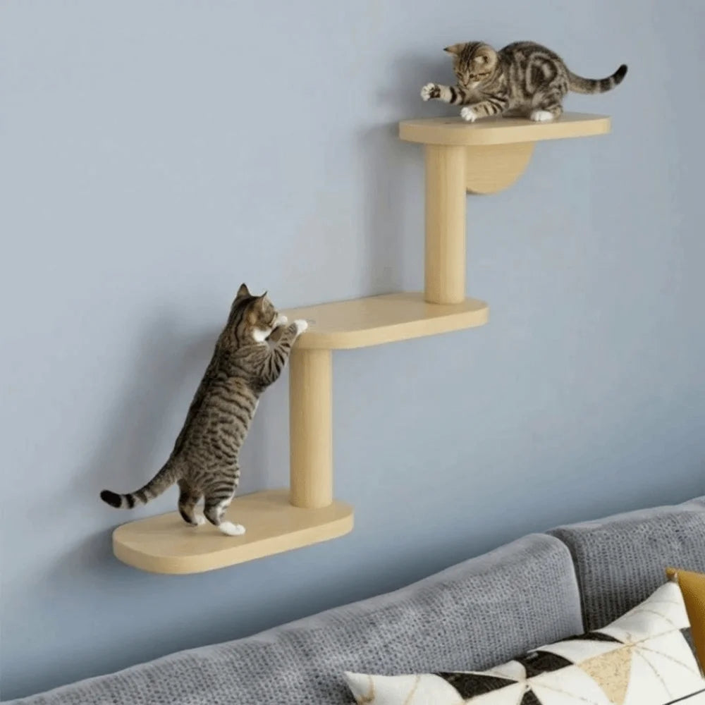 Solid Wood Cat Climbing Shelves 3-Level Floating Shelves Cat Climbing Ladder Space Saving Cat Perch Pet Playground