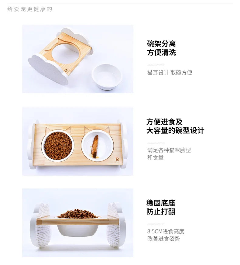 Cat bowl, ceramic dog bowl, wooden stand, pet bowl, elevated angled mouth to protect cervical spine, cat bowl, cat supplies