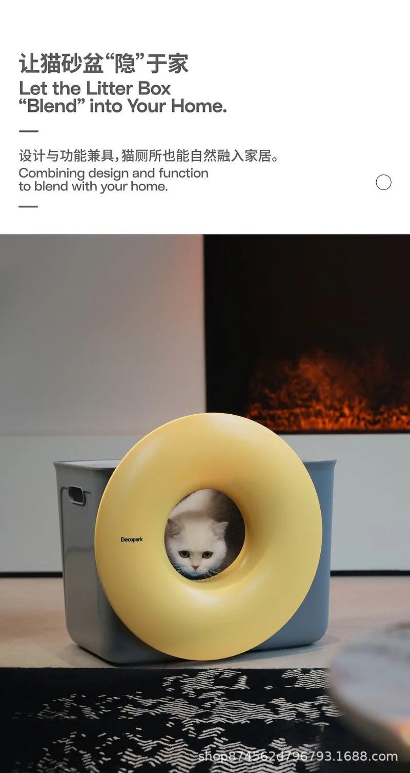 Large Cat Litter Box Semi-enclosed Doughnut Designed Prevent Spillage Deodorize Cat Toilet Pet Products Cleaning Accessories