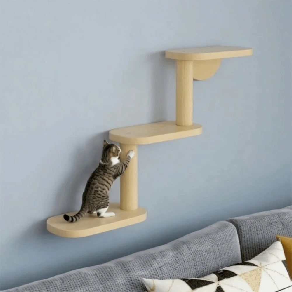 Solid Wood Cat Climbing Shelves 3-Level Floating Shelves Cat Climbing Ladder Space Saving Cat Perch Pet Playground