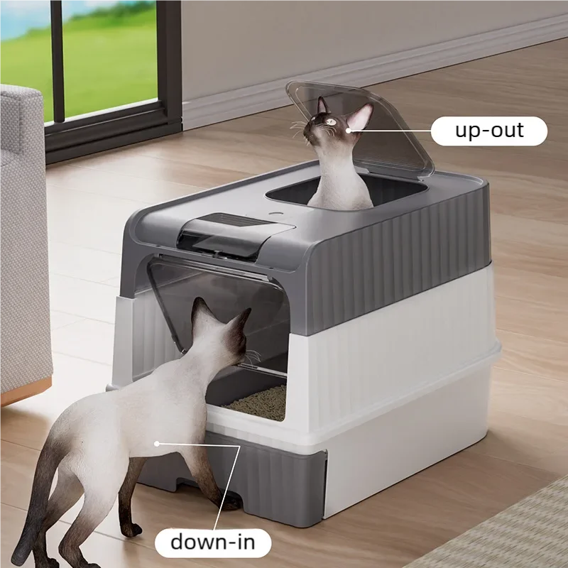 Cat Litter Box with Scoop, Large Foldable Litter Box with Lid, Front Entry Top Exit Kitty Box, Odor Control, Easy To Clean