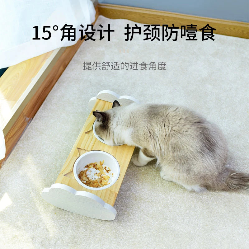 Cat bowl, ceramic dog bowl, wooden stand, pet bowl, elevated angled mouth to protect cervical spine, cat bowl, cat supplies