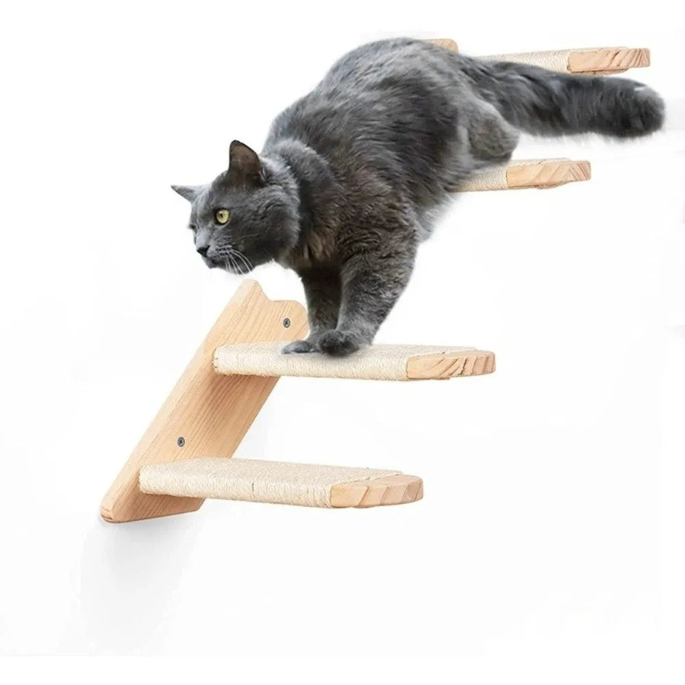Cat Playground Wooden Cat Climbing Shelf Space Saving Wear Resistant Sisal Rope Cat Stairs with Cushion Pet Wall Steps Training