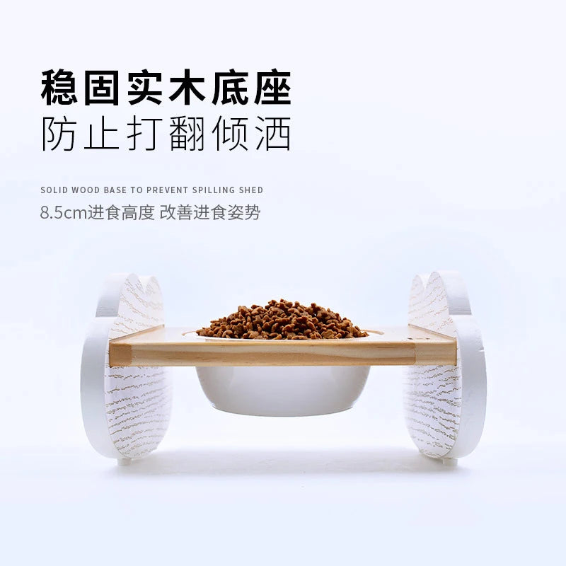 Cat bowl, ceramic dog bowl, wooden stand, pet bowl, elevated angled mouth to protect cervical spine, cat bowl, cat supplies