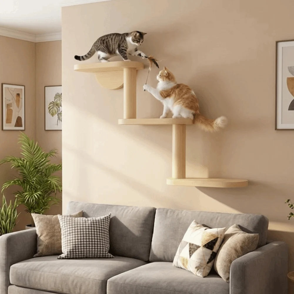 Solid Wood Cat Climbing Shelves 3-Level Floating Shelves Cat Climbing Ladder Space Saving Cat Perch Pet Playground