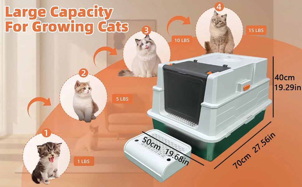 Stainless steel litter box with lid, extra-large enclosed kitty litter pan, equipped with steps and a litter scoop,