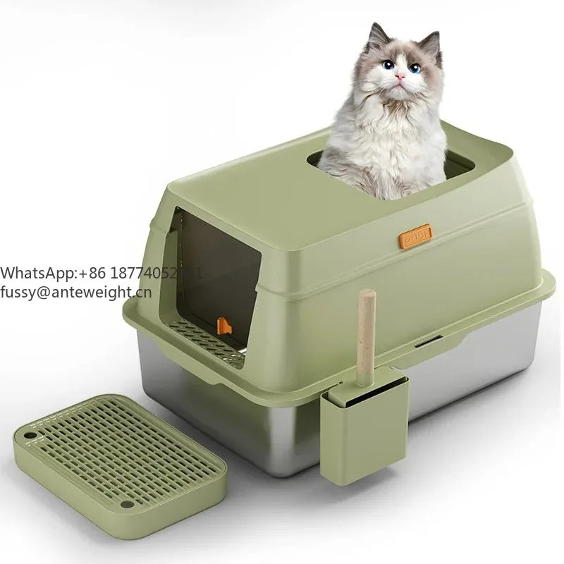 Stainless Steel Litter Box: Enclosed Top-Entry Design To Prevent Tracking & Easy To Clean Pet Cat Litter Box And Pet Supplies