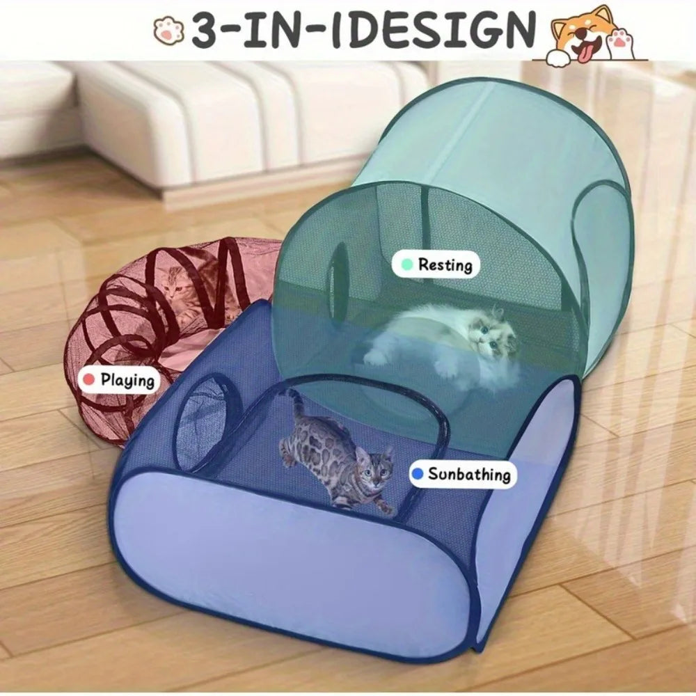 Portable cat fence with looped tunnel,2 connections to enclosed areas, ideal for outdoor cat tents or indoor enclosed cat fences