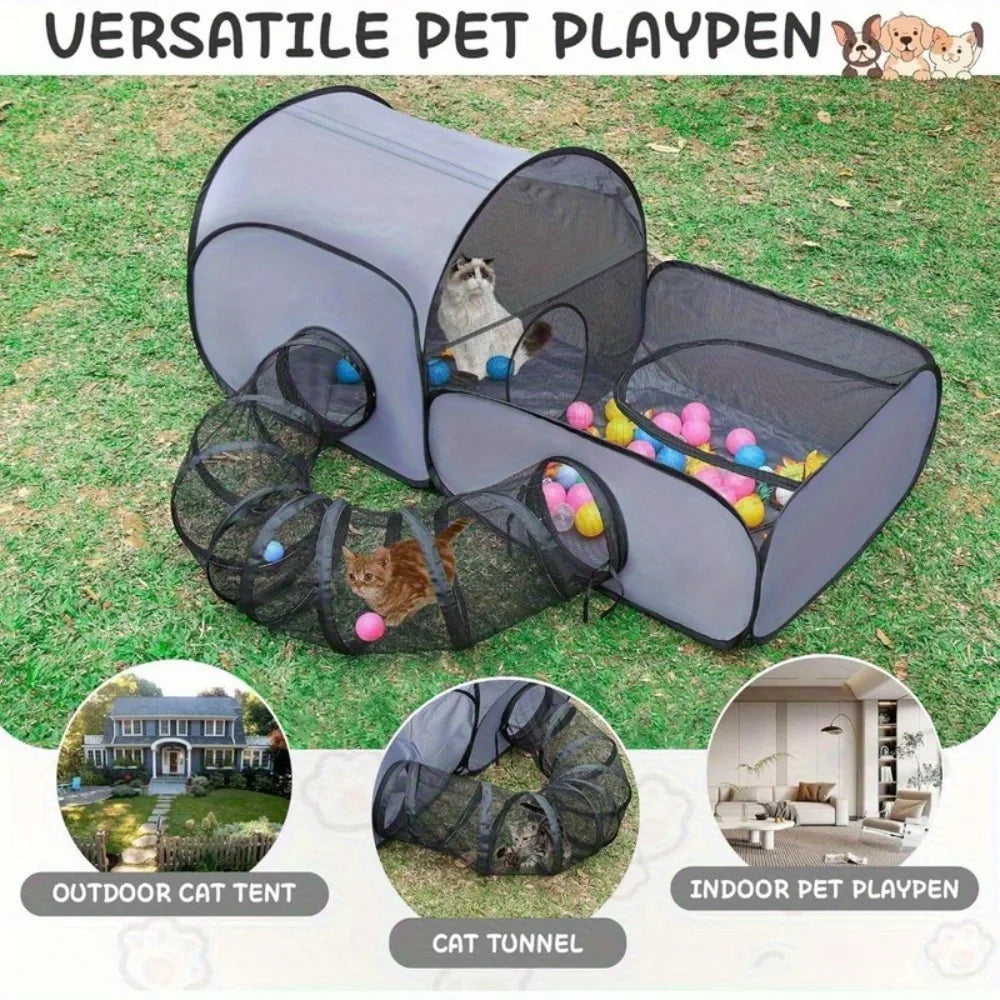 Portable cat fence with looped tunnel,2 connections to enclosed areas, ideal for outdoor cat tents or indoor enclosed cat fences