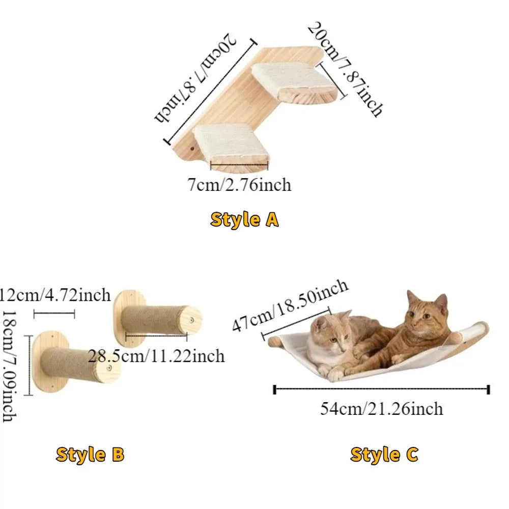 Cat Playground Wooden Cat Climbing Shelf Space Saving Wear Resistant Sisal Rope Cat Stairs with Cushion Pet Wall Steps Training