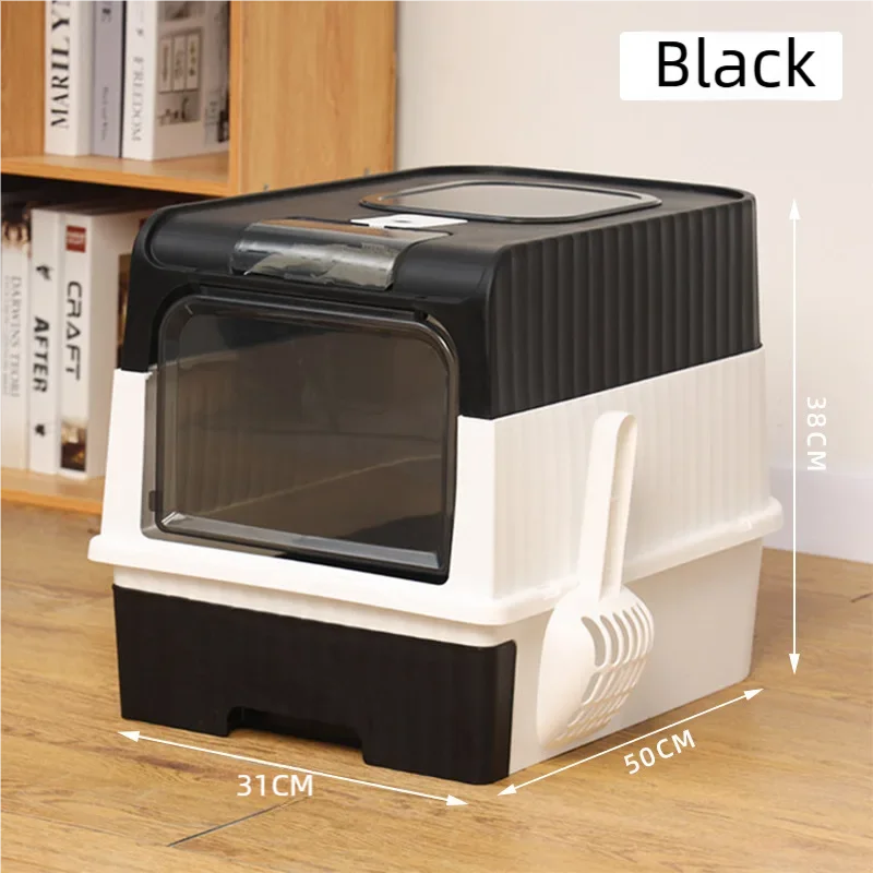 Cat Litter Box with Scoop, Large Foldable Litter Box with Lid, Front Entry Top Exit Kitty Box, Odor Control, Easy To Clean