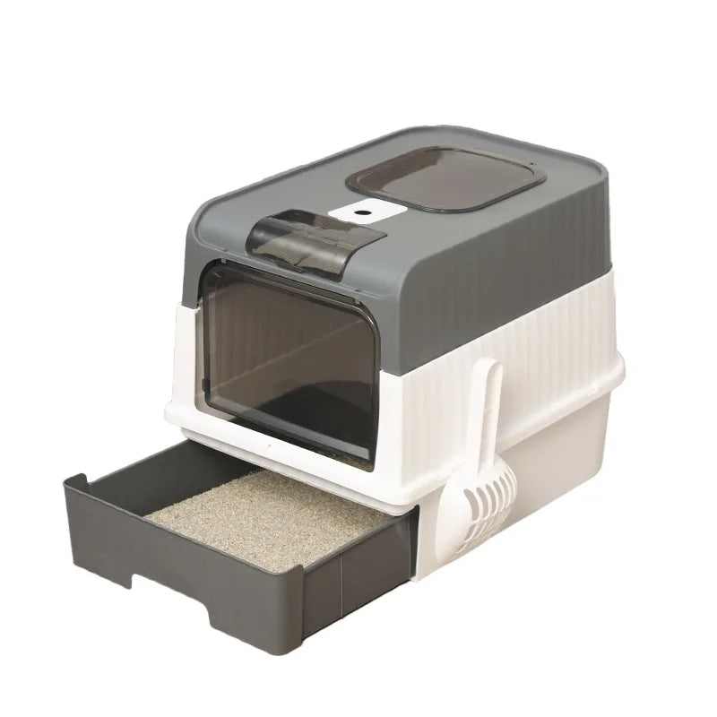 Cat Litter Box with Scoop, Large Foldable Litter Box with Lid, Front Entry Top Exit Kitty Box, Odor Control, Easy To Clean
