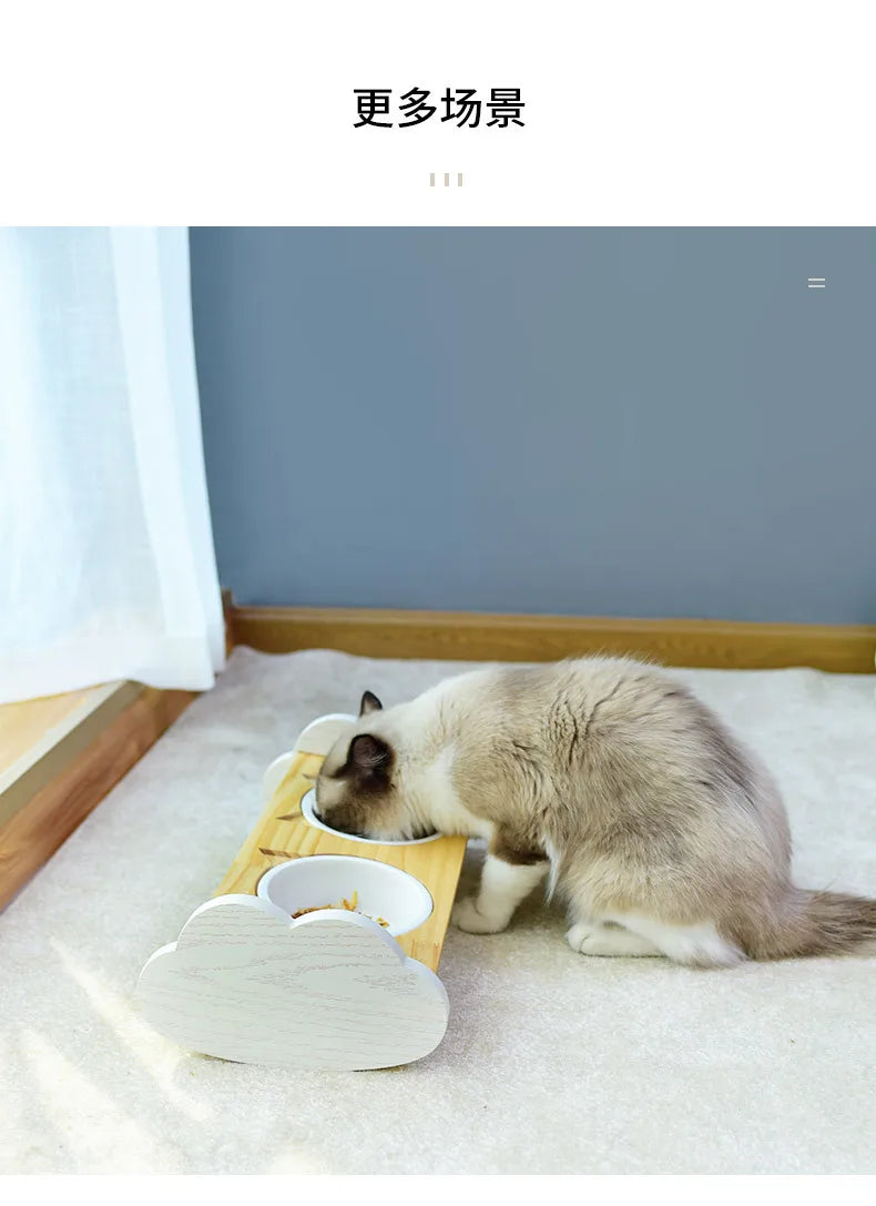 Cat bowl, ceramic dog bowl, wooden stand, pet bowl, elevated angled mouth to protect cervical spine, cat bowl, cat supplies