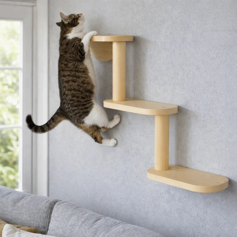 Solid Wood Cat Climbing Shelves 3-Level Floating Shelves Cat Climbing Ladder Space Saving Cat Perch Pet Playground