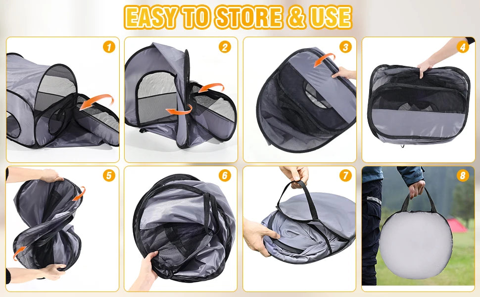 Portable cat fence with looped tunnel,2 connections to enclosed areas, ideal for outdoor cat tents or indoor enclosed cat fences