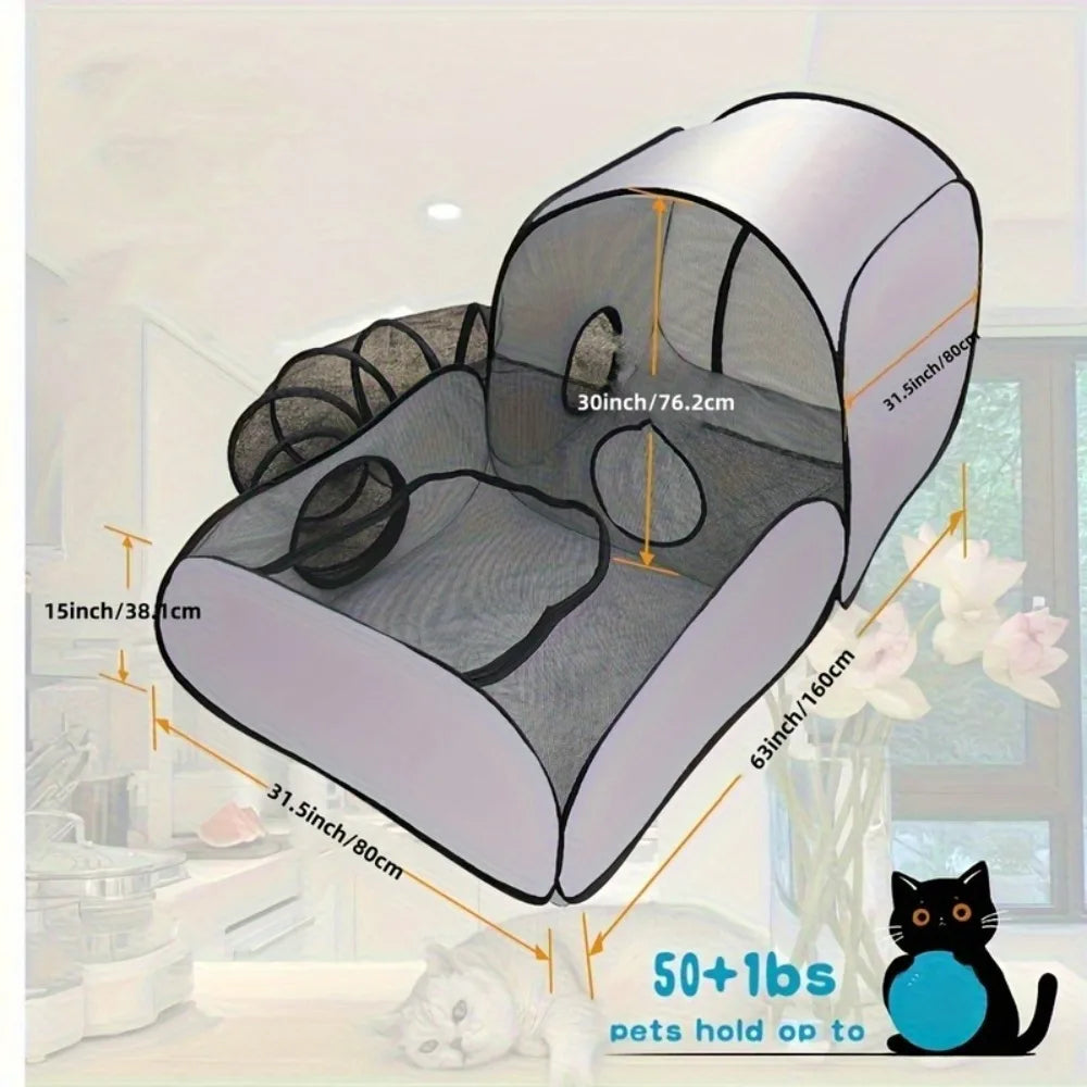 Portable cat fence with looped tunnel,2 connections to enclosed areas, ideal for outdoor cat tents or indoor enclosed cat fences