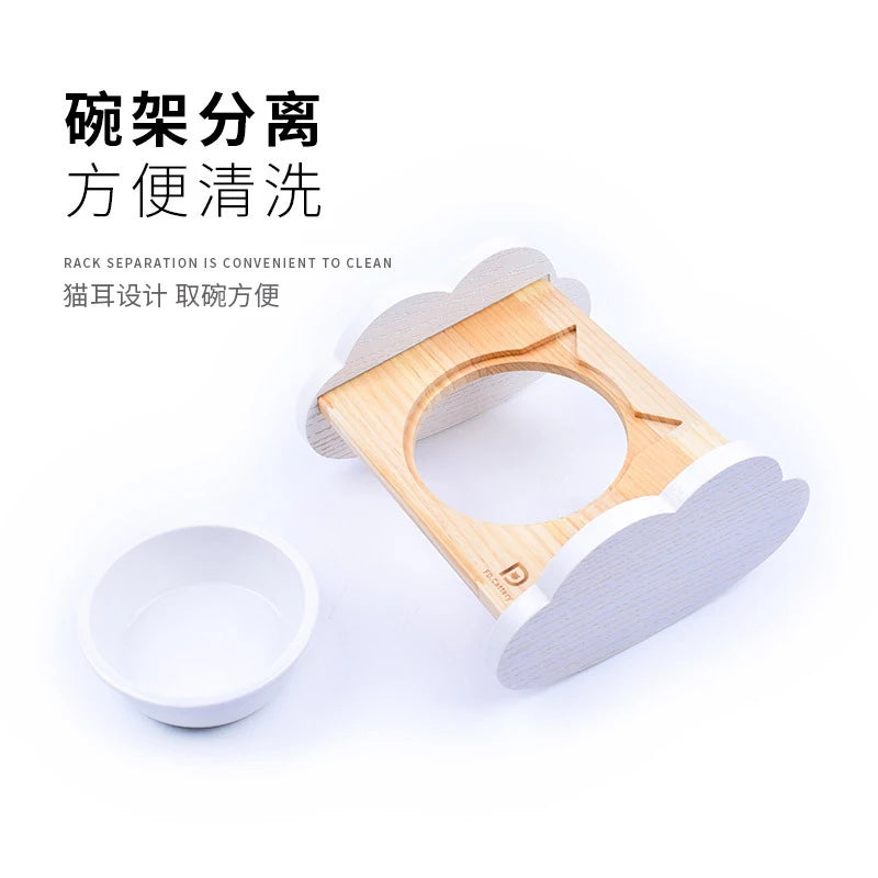 Cat bowl, ceramic dog bowl, wooden stand, pet bowl, elevated angled mouth to protect cervical spine, cat bowl, cat supplies