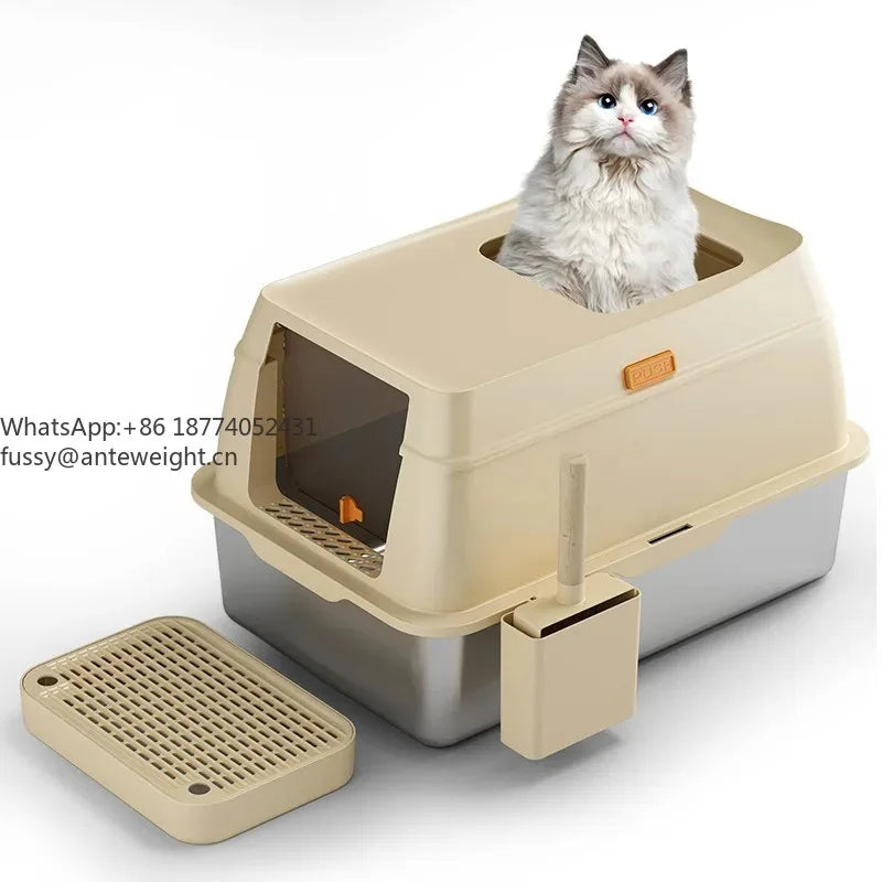 Stainless Steel Litter Box: Enclosed Top-Entry Design To Prevent Tracking & Easy To Clean Pet Cat Litter Box And Pet Supplies