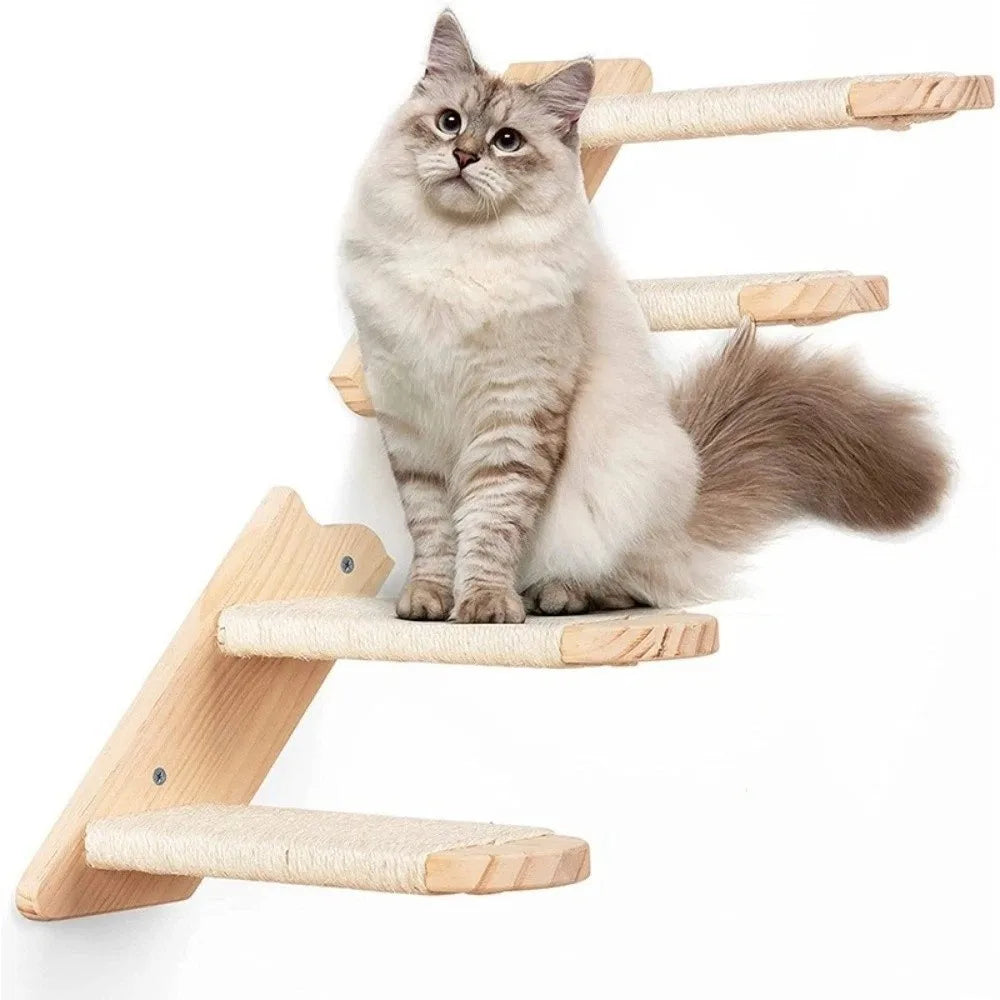 Cat Playground Wooden Cat Climbing Shelf Space Saving Wear Resistant Sisal Rope Cat Stairs with Cushion Pet Wall Steps Training