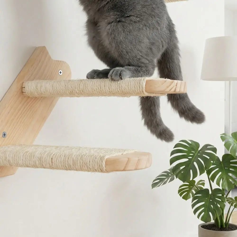 Cat Playground Wooden Cat Climbing Shelf Space Saving Wear Resistant Sisal Rope Cat Stairs with Cushion Pet Wall Steps Training