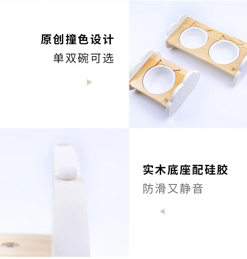 Cat bowl, ceramic dog bowl, wooden stand, pet bowl, elevated angled mouth to protect cervical spine, cat bowl, cat supplies