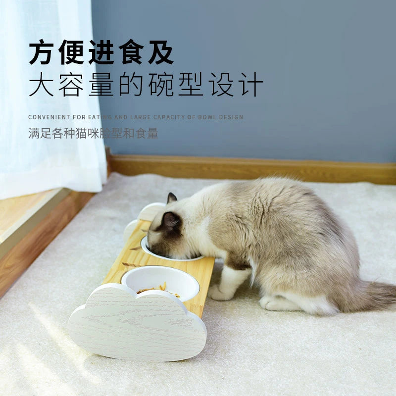Cat bowl, ceramic dog bowl, wooden stand, pet bowl, elevated angled mouth to protect cervical spine, cat bowl, cat supplies