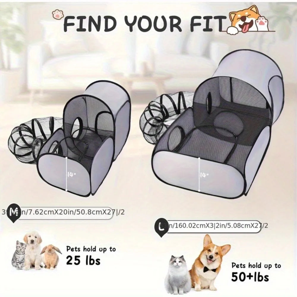 Portable cat fence with looped tunnel,2 connections to enclosed areas, ideal for outdoor cat tents or indoor enclosed cat fences