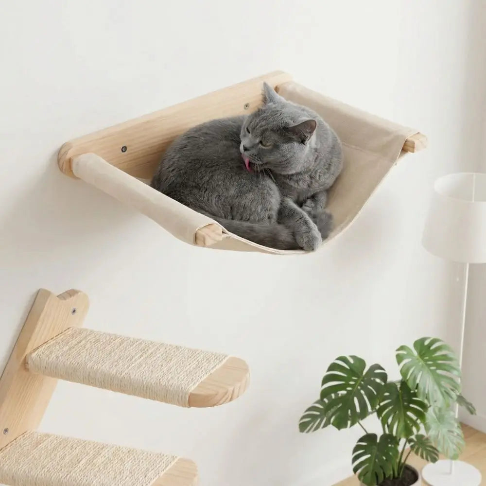 Cat Playground Wooden Cat Climbing Shelf Space Saving Wear Resistant Sisal Rope Cat Stairs with Cushion Pet Wall Steps Training