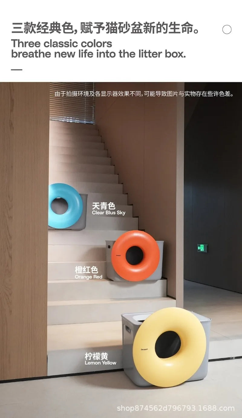Large Cat Litter Box Semi-enclosed Doughnut Designed Prevent Spillage Deodorize Cat Toilet Pet Products Cleaning Accessories