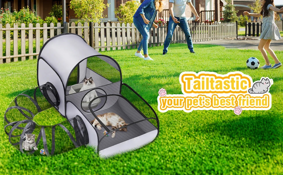 Portable cat fence with looped tunnel,2 connections to enclosed areas, ideal for outdoor cat tents or indoor enclosed cat fences
