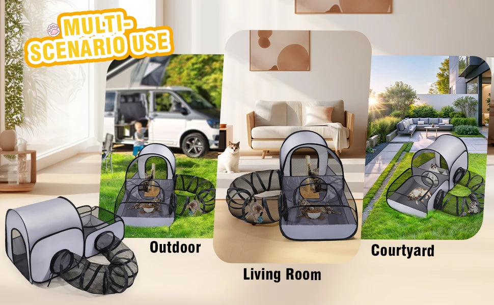Portable cat fence with looped tunnel,2 connections to enclosed areas, ideal for outdoor cat tents or indoor enclosed cat fences