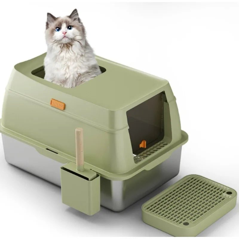Stainless Steel Litter Box: Enclosed Top-Entry Design To Prevent Tracking & Easy To Clean Pet Cat Litter Box And Pet Supplies
