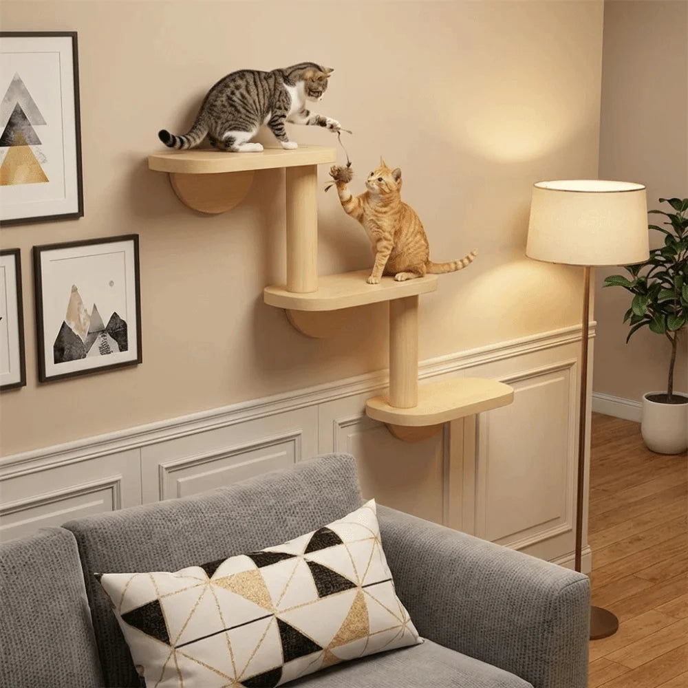 Solid Wood Cat Climbing Shelves 3-Level Floating Shelves Cat Climbing Ladder Space Saving Cat Perch Pet Playground